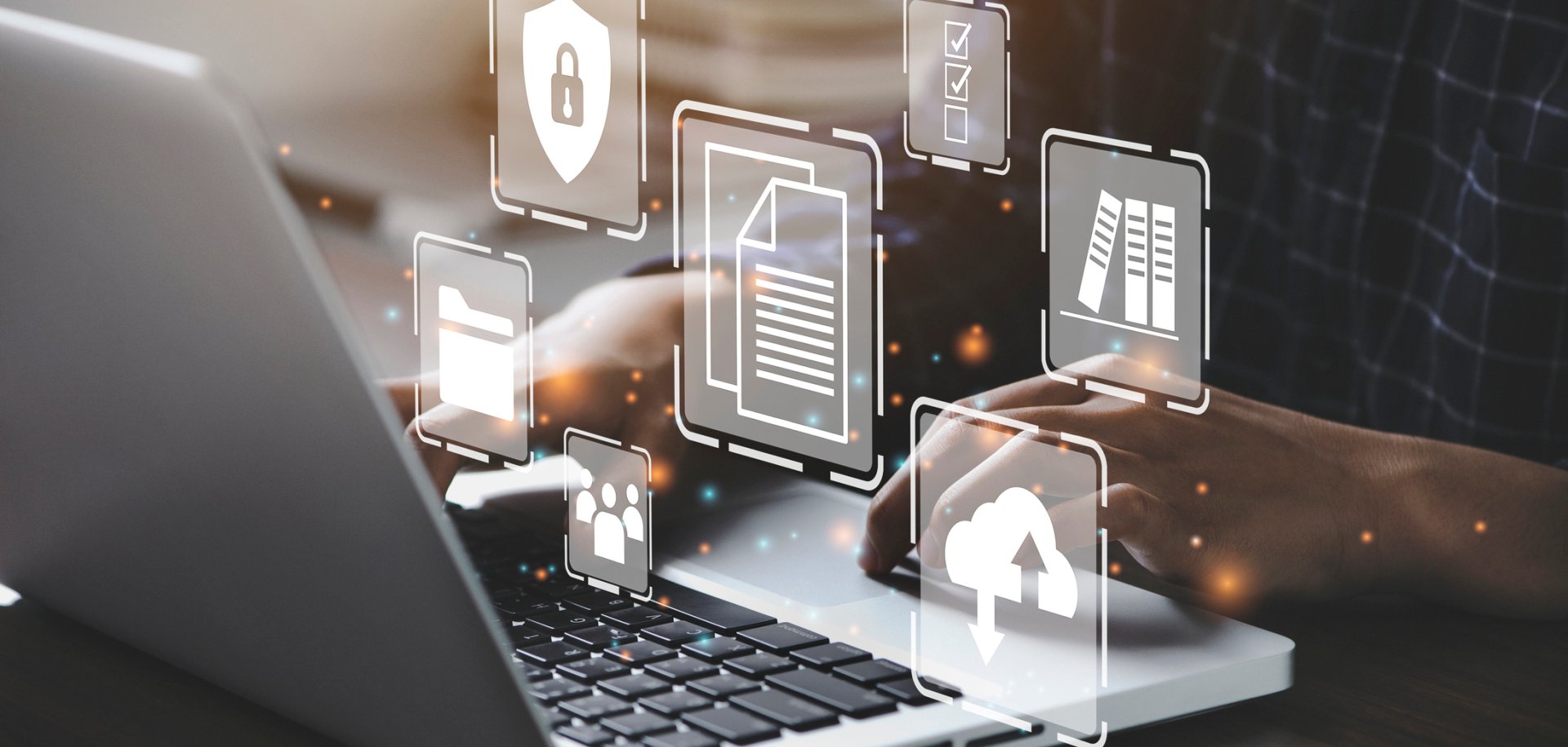 Businessman using a computer to document management concept, online documentation database and digital file storage system/software, records keeping, database technology, file access, doc sharing.