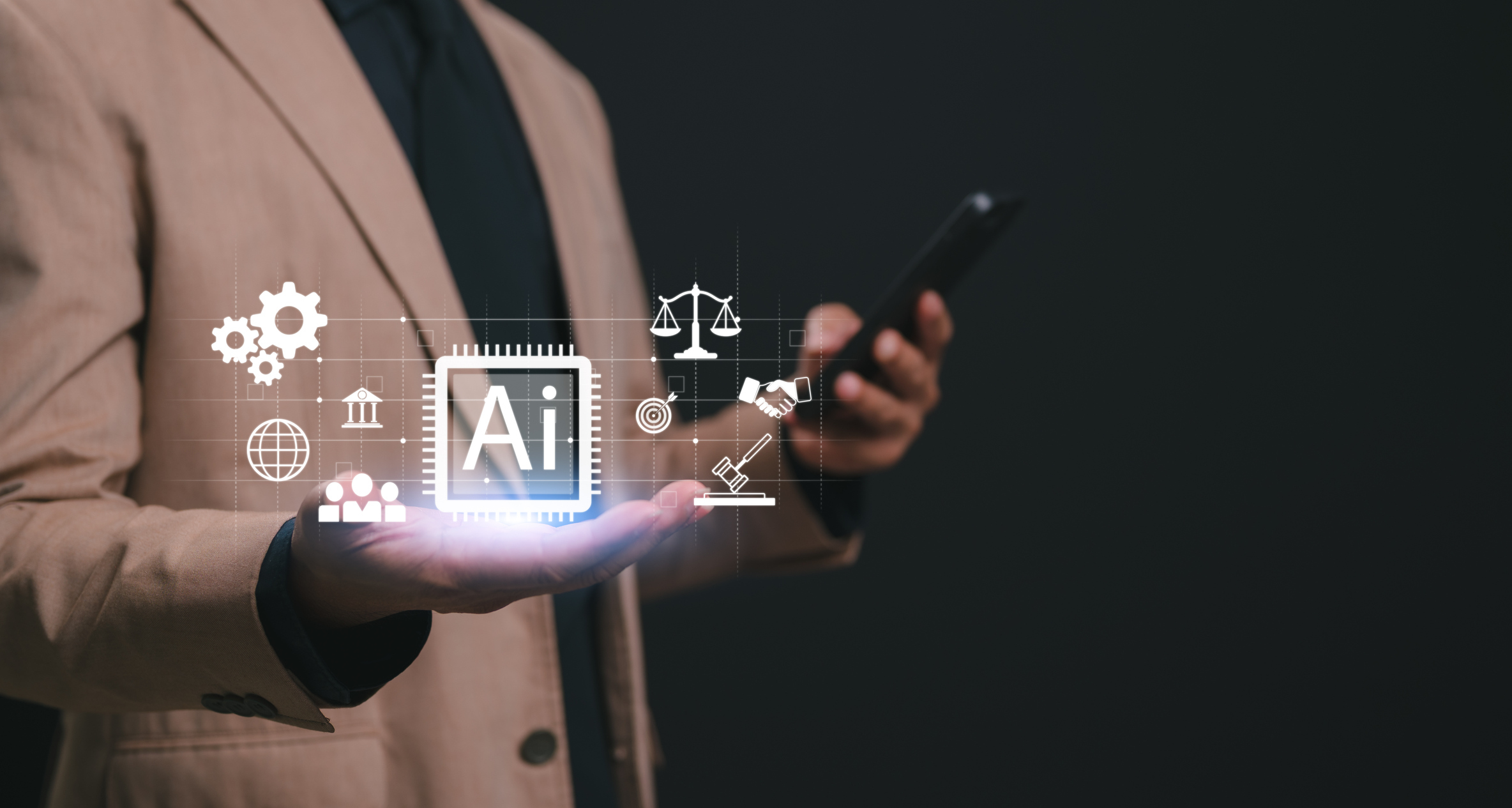 Businessman holding smartphone displays digital hologram interface featuring artificial intelligence regulation, ethics icons like scales justice, gavel, gears, handshake, target, globe representing